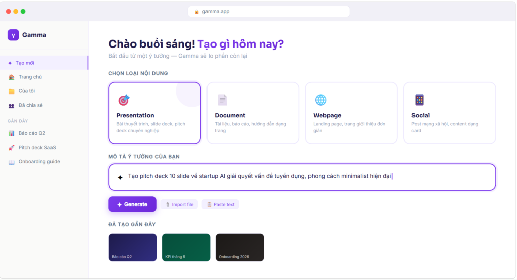 Màn hình tạo nội dung mới của Gamma AI